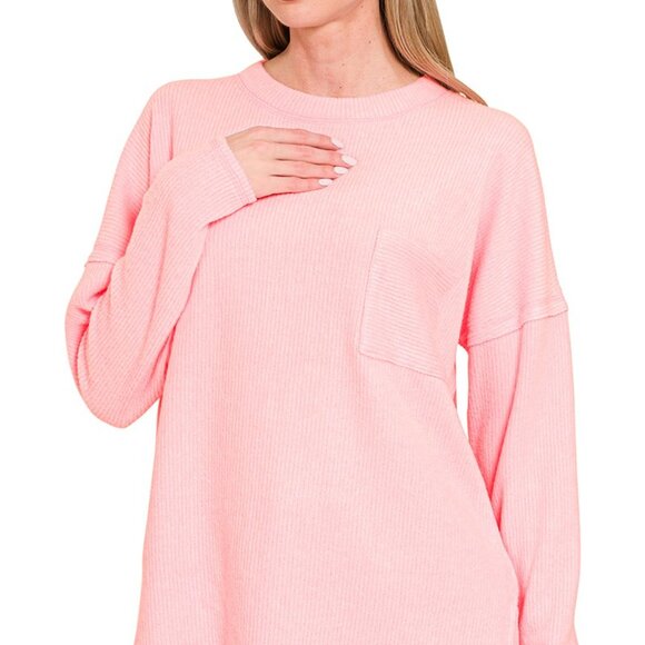 Zenana Ribbed Brushed Melange Hacci Sweater with Chest Pocket - Picture 1 of 3